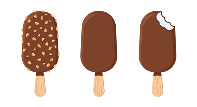 Chocolate Ice Cream Bars With Wooden Sticks Vector Illustration
