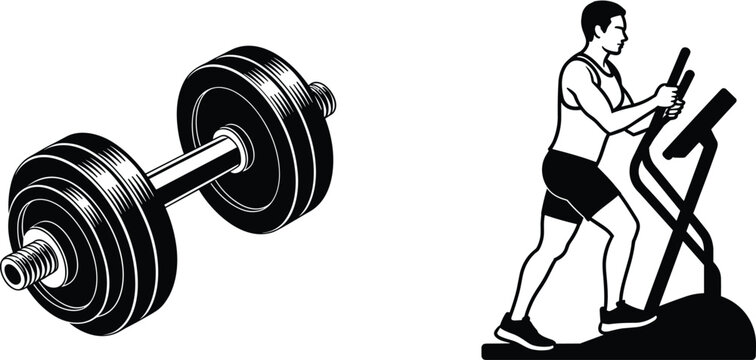 Dumbbell and elliptical trainer workout fitness equipment vector icon set isolated sports illustration design collection