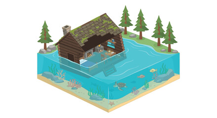 Isometric cabin scene with aquatic life and surrounding coniferous trees © mdashraful