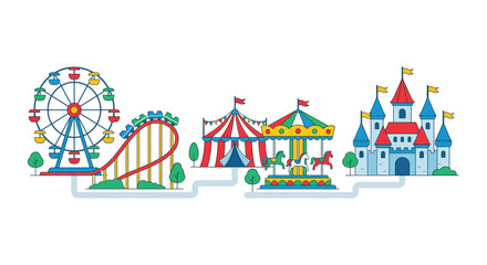 Amusement park scene vector illustration with ferris wheel and castle © mdashraful