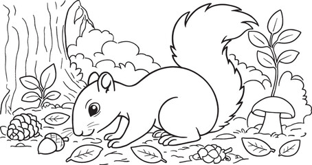 Fototapeta premium Squirrel in Forest Coloring Page for Kids, Detailed Nature and Woodland Wild Animal Line Art Vector