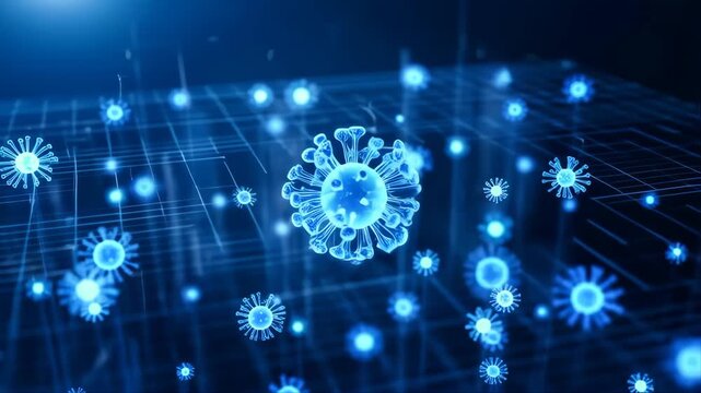 Virus Particles Floating in a Digital Environment with Glowing Blue Light Featuring Microscopic, Medical, Science with Health and Infection Elements