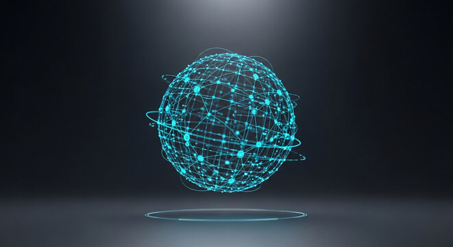 Abstract 3D render of a glowing blue interconnected network sphere wit
