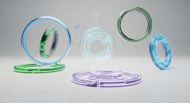Abstract arrangement of glowing blue green and purple rings with intri
