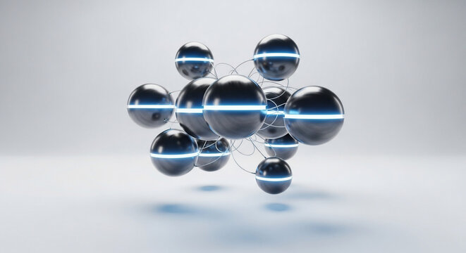 Abstract cluster of interconnected dark metallic spheres with glowing 