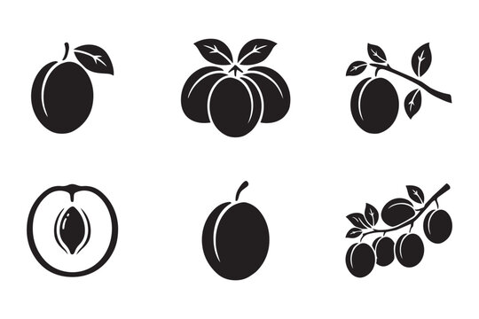 Set of fresh plum solid black silhouettes on transparent background for food design with leaves, a plum pit, and plum branches, ideal for fruit packaging or labels.