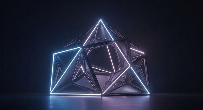 Abstract dark geometric structure with glowing blue and purple neon li