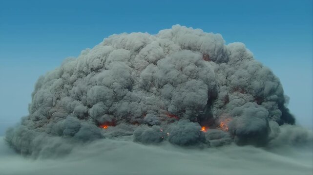 Volcanic Ash Cloud Expanding Outward with Detailed Texture and Dynamic Movement Against a Clear Sky Background