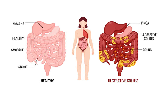 Medical Comparison of Digestive Health anatomical illustration showing healthy intestines versus ulcerative colitis inflammation in a female body ideal for healthcare education.