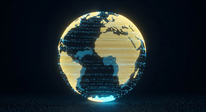 Abstract digital Earth globe showcasing luminous gold landmasses and s