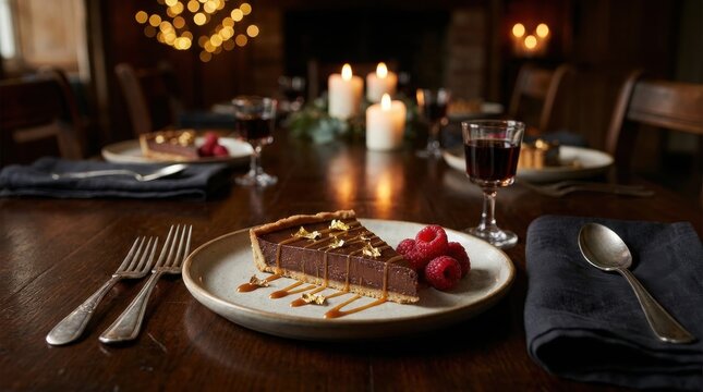 A plated chocolate tart with fresh raspberries and caramel drizzle on a dark rustic wooden table.