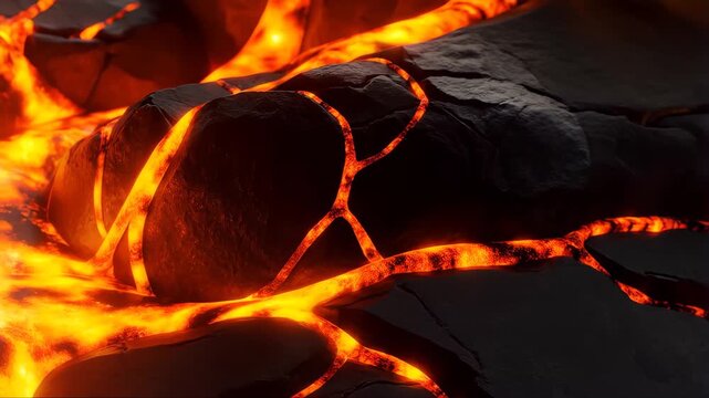 Lava Flowing Over Obsidian Rock with Glowing Cracks and Molten Texture in a Volcanic Landscape Featuring Hot, Fiery, Magma with Eruption and Nature