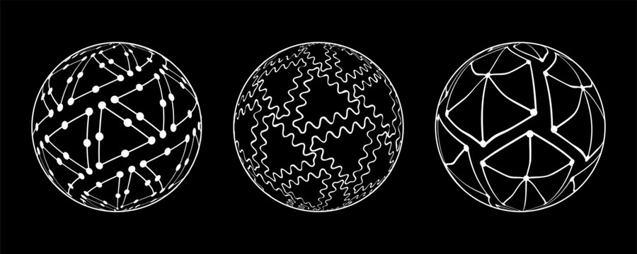 Abstract spherical pattern collection with geometric lattice mesh and dotted globe design set