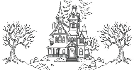 Naklejka premium Spooky halloween day haunted house illustration with bats and bare trees for coloring pages