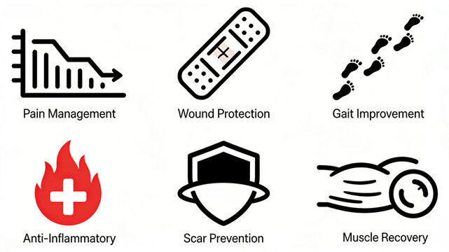 Flat medical icons summarize pain care capabilities, compatible with topical therapy cream patches, achieving multiple daily rehabilitation purposes for pain control and wound care
