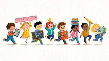 Fototapeta premium Diverse Kids Running to School Hand-Drawn Colored Pencil Illustration