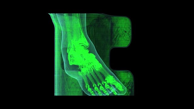 Focus on Neon Green 3D CT Ankle and Foot Bones with Translucent Tissue Outline