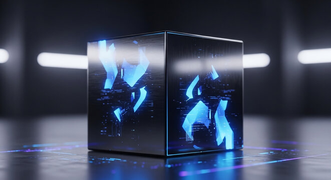 Dark metallic cube displaying glowing blue abstract shards and data st
