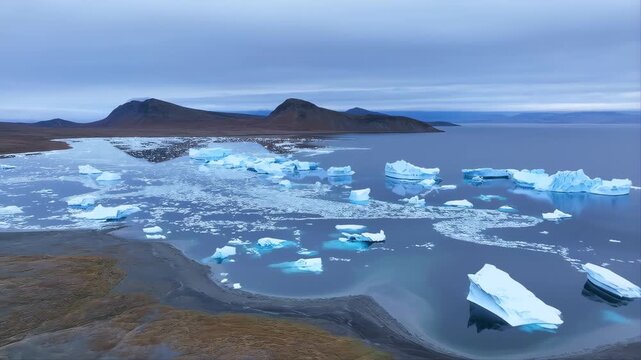 Icebergs Floating in a Vast Icy Body of Water with Distant Mountains and a Cloudy Sky Featuring Aerial View, Cold, Nature with Landscape and Arctic