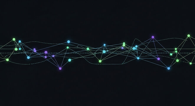 Dynamic abstract network visualization with glowing blue green and pur
