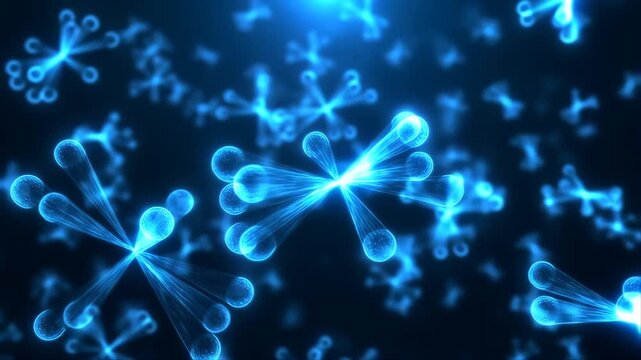 Hyper-Realistic Airborne Pathogen Particles Moving in a Dark Blue Space with Glowing Blue Light Featuring Scientific Illustration, Medical