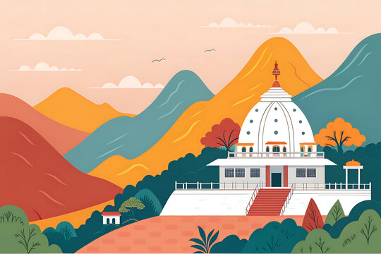 Vaishno Devi shrine landscape  modern minimal vector style  colorful hills