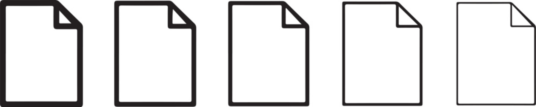 Five paper sheet silhouettes with folded corners black line art on white background document sheets