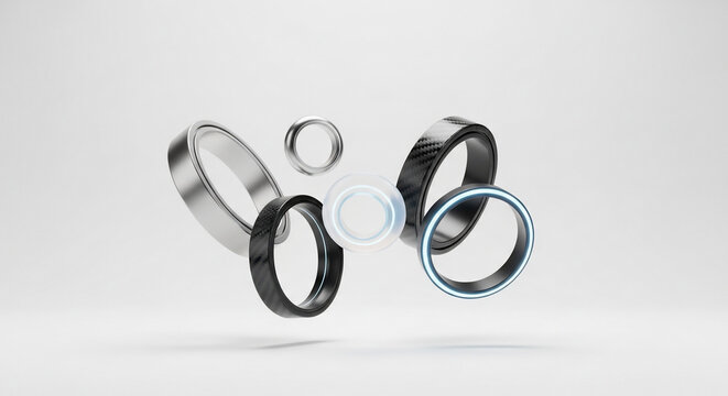 Dynamic arrangement of various smart rings and bands featuring brushed