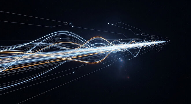 Dynamic flow of luminous blue and golden light trails weaving intricat