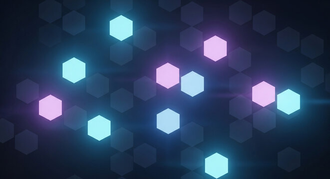 Dynamic pattern of glowing blue and pink hexagons with lens flares on 