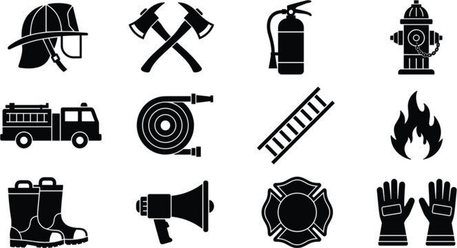 Firefighter equipment black silhouette vector icon set featuring helmet axe extinguisher hydrant truck hose ladder flame boots and badge.