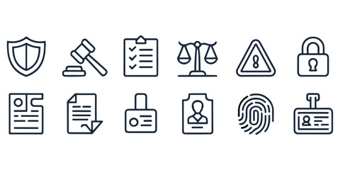 Fototapeta premium Legal and security icons: shield, gavel, checklist, scales, warning, lock, badge