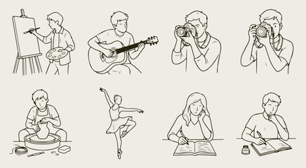  Creative arts hobbies icons set featuring painter easel guitarist camera photographer sculptor dancer ballet writer journal author hand drawn vector illustration collection creativity talent © Afiya bano