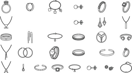 Fototapeta premium Jewelry and Luxury Accessory Line Icon Set Featuring Black Outline Vectors of Diamond Rings Necklaces Bracelets Earrings and Wristwatches for Fashion E-Commerce Retail Store App Designs