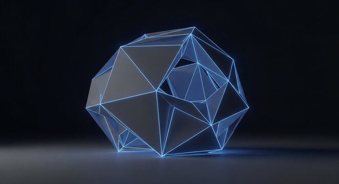 Futuristic abstract polyhedral shape outlined with glowing blue neon l