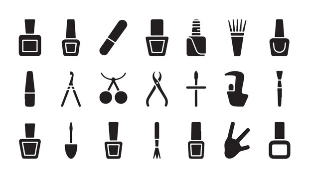 Set of black silhouette manicure nail salon tool vector illustration on white background.