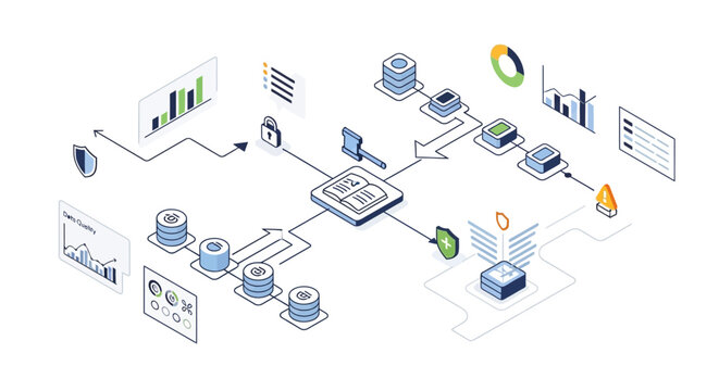 A complex data processing and analysis flowchart with various computer and database elements.