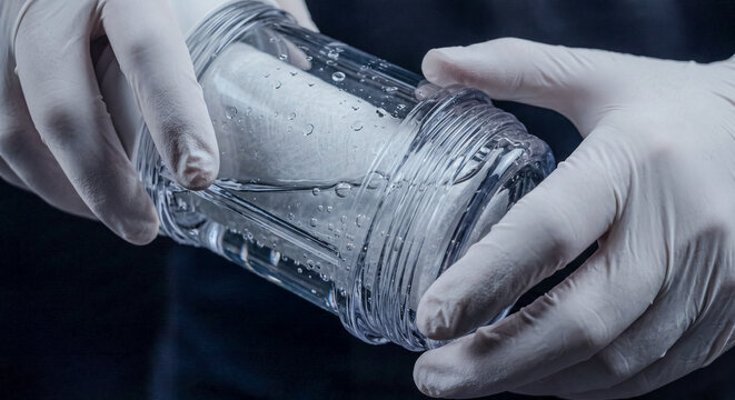 Technician hands in white gloves unscrewing a transparent plastic water filter housing to inspect or replace a clean white sediment filter cartridge block.