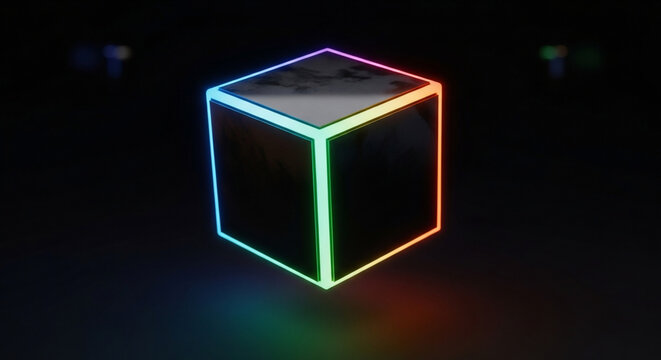 3D rendered dark cube with glowing multi-color rainbow gradient edges 