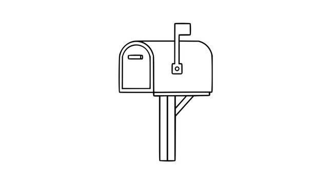 A clean black and white line art vector icon of a curbside mailbox with a closed door and lowered flag, suitable for postal themes and contact page graphics.