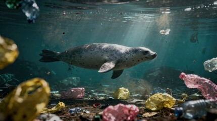 Fototapeta premium A seal swims underwater surrounded by various plastic waste and pollution in its natural habitat.