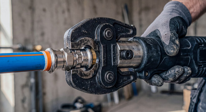 Professional hydraulic pipe pressing tool clamping a metal fitting on a multi-layer composite pipe system close up. Modern plumbing and underfloor heating connection.