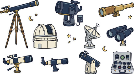 Astronomy telescope vector icon set featuring space observation equipment observatory dome satellite dish binoculars stars and lens kit. © Dulal creation 