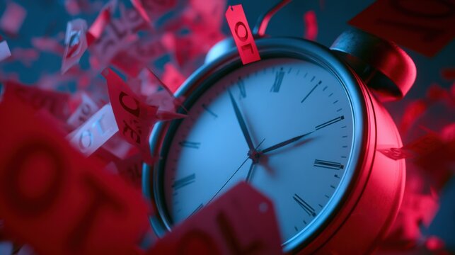 An alarm clock is surrounded by flying discount tags, creating a feeling of urgency in a dramatic red-blue light setting.