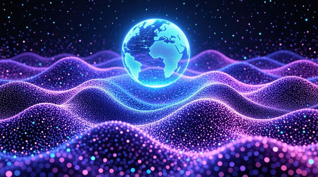Glowing blue Earth hologram floats over neon purple particle waves. Digital abstract, futuristic cyberspace with sparkling dots. Global network, data flow, sci-fi concept.