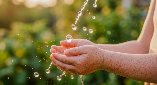 Clear fresh water pouring into cupped human hands with beautiful abstract water splashes and bubbles against a warm sunny blurred green forest nature background.