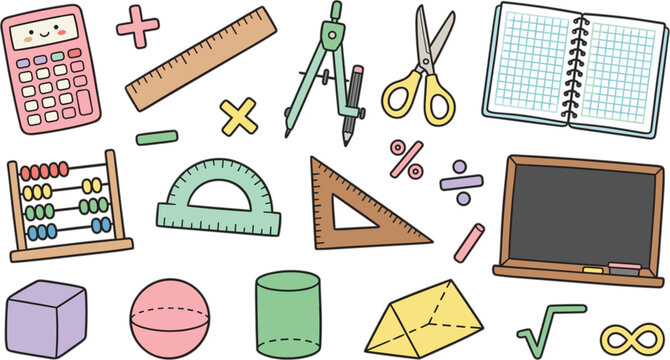 Math school supplies vector icon set featuring calculator abacus notebook blackboard geometric shapes ruler compass protractor and math symbols.