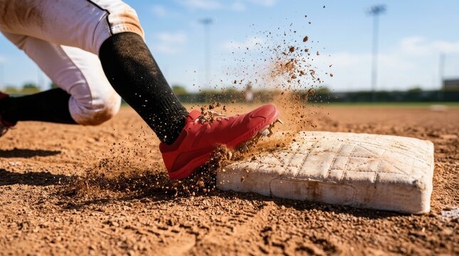 Female softball player sliding base, baseball player kicking dirt around home plate