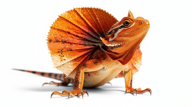 A close-up of a frilled lizard displaying its large, orange, fan-like frill against a white background.