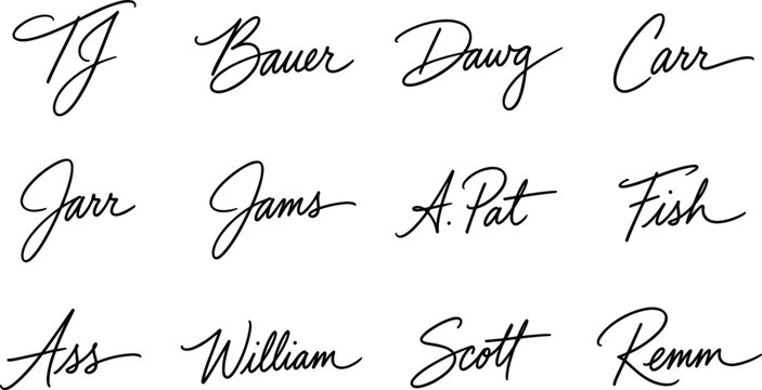 Handwritten fictitious black ink signature vector illustration set with cursive calligraphy autographs for legal business contract document verification.